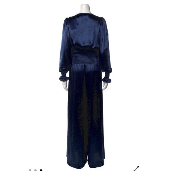 Caroline Constas V Neck Smocked Waist Wide Leg Satin Navy Blue Jumpsuit Small - Picture 6 of 8